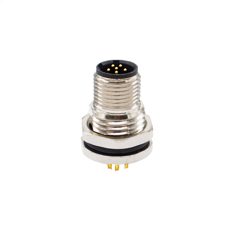 M12 6pins C code male straight front panel mount connector M16 thread,unshielded,solder,brass with nickel plated shell