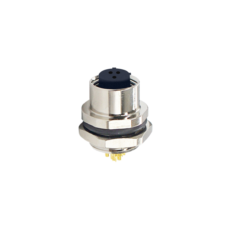 M12 3pins C code female straight rear panel mount connector M16 thread,unshielded,solder,brass with nickel plated shell
