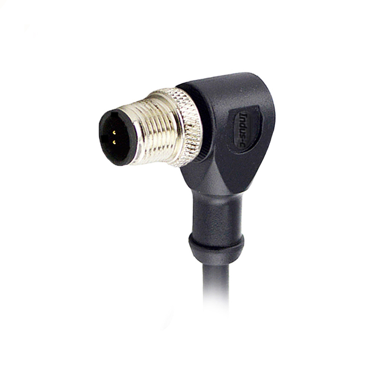 M12 2pins C code male right angle molded cable,unshielded,PVC,-10°C~+80°C,22AWG 0.34mm²,brass with nickel plated screw