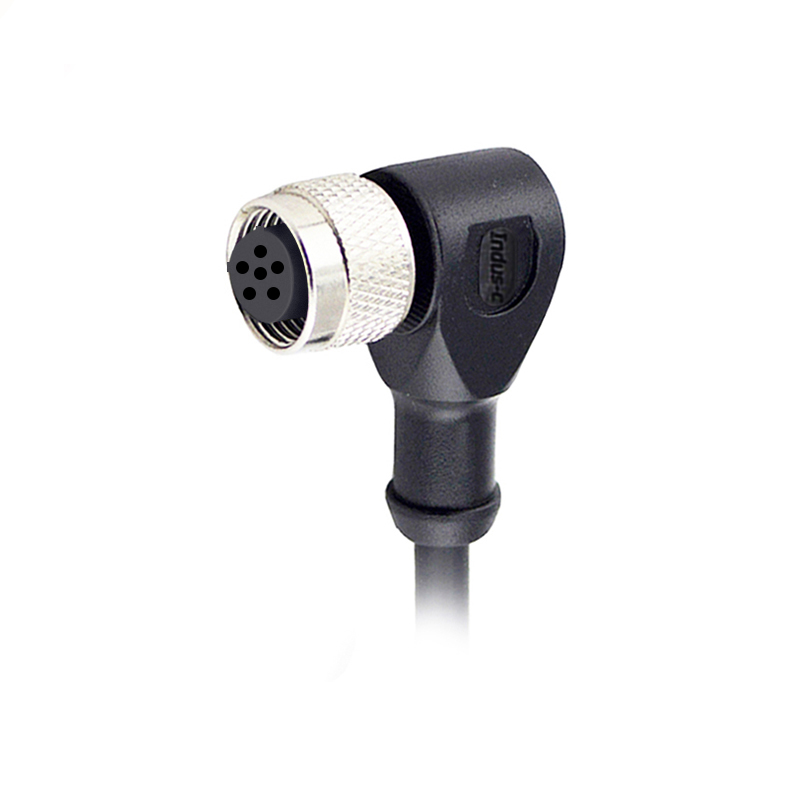 M12 6pins C code female right angle molded cable,unshielded,PVC,-40°C~+105°C,22AWG 0.34mm²,brass with nickel plated screw