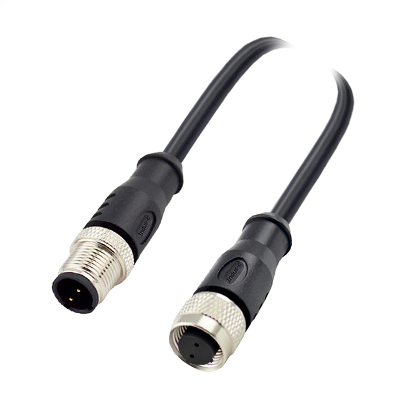 M12 2pins C code male to female straight molded cable,unshielded,PVC,-40°C~+105°C,22AWG 0.34mm²,brass with nickel plated screw
