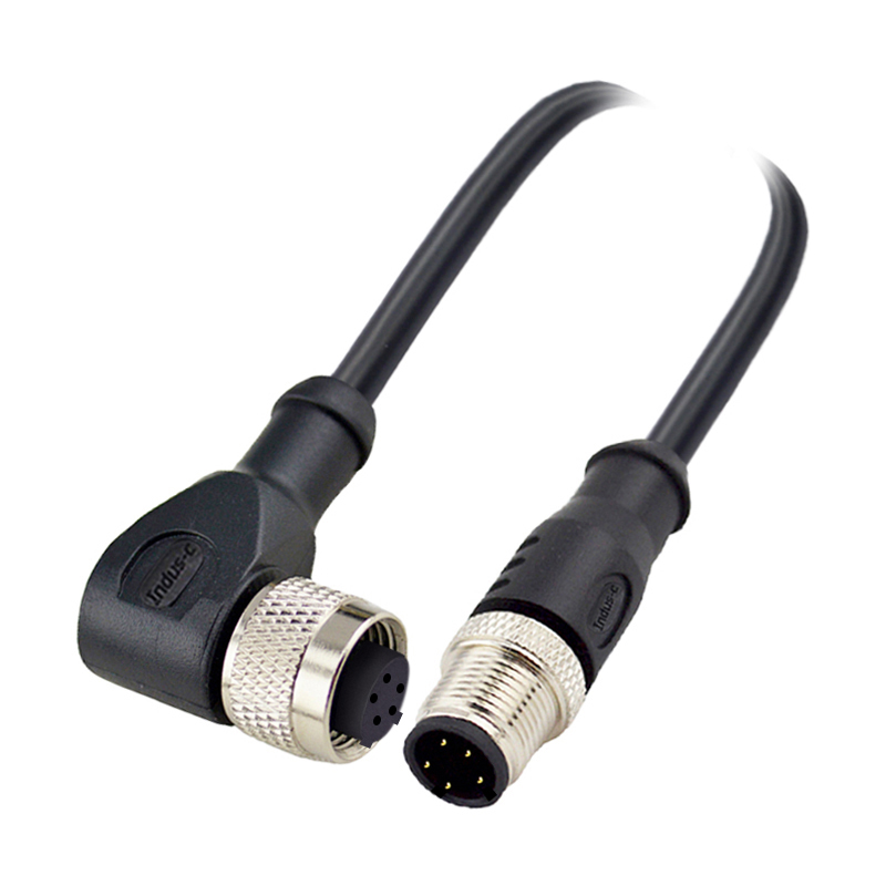 M12 5pins C code male straight to female right angle molded cable,unshielded,PUR,-40°C~+105°C,22AWG 0.34mm²,brass with nickel plated screw