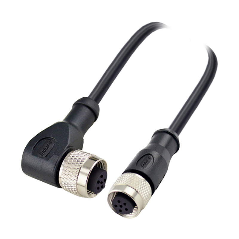 M12 6pins C code female straight to female right angle molded cable,unshielded,PUR,-40°C~+105°C,22AWG 0.34mm²,brass with nickel plated screw