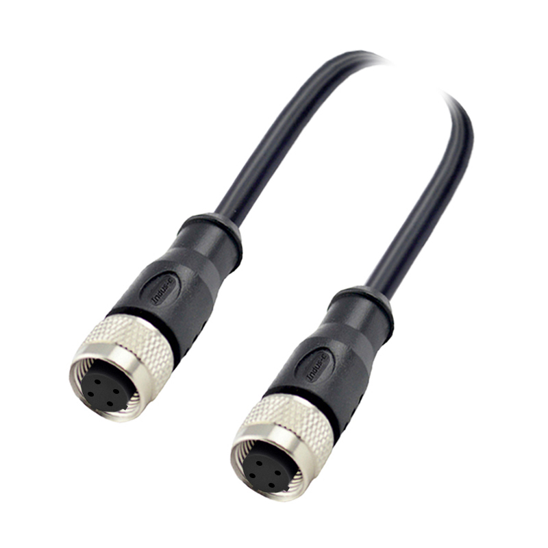 M12 4pins C code female to female straight molded cable,shielded,PVC,-40°C~+105°C,22AWG 0.34mm²,brass with nickel plated screw
