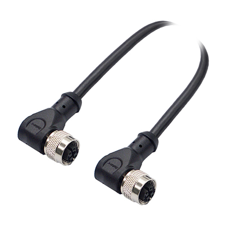 M12 8pins X code female to female right angle molded cable,shielded,PUR,-40°C~+105°C,CAT6 26AWG*4P,brass with nickel plated screw
