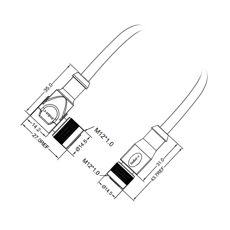 M12 8pins X code female straight to female right angle molded cable,shielded,PVC,-40°C~+105°C,CAT6 26AWG*4P,brass with nickel plated screw