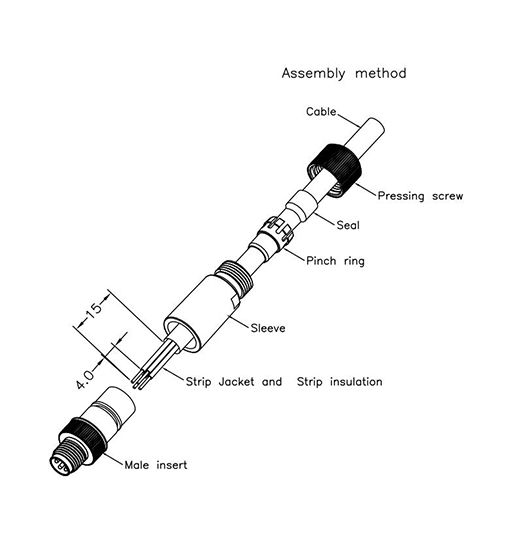 M8 3pins A code male straight plastic assembly connector,unshielded,suitable cable outer diameter 3.5mm-5.0mm