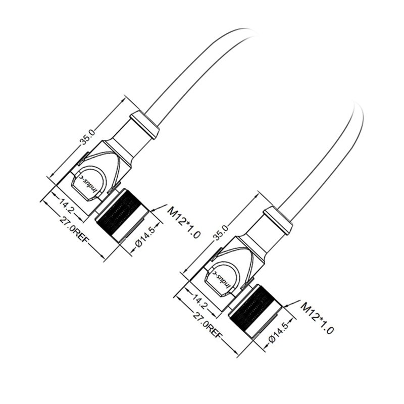 M12 8pins X code female to female right angle molded cable,shielded,PVC,-40°C~+105°C,CAT6 26AWG*4P,brass with nickel plated screw