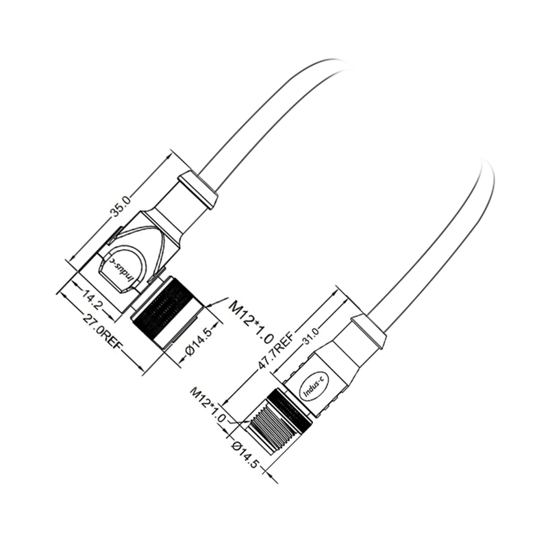 M12 8pins X code male straight to female right angle molded cable,shielded,PUR,-40°C~+105°C,CAT6 26AWG*4P,brass with nickel plated screw