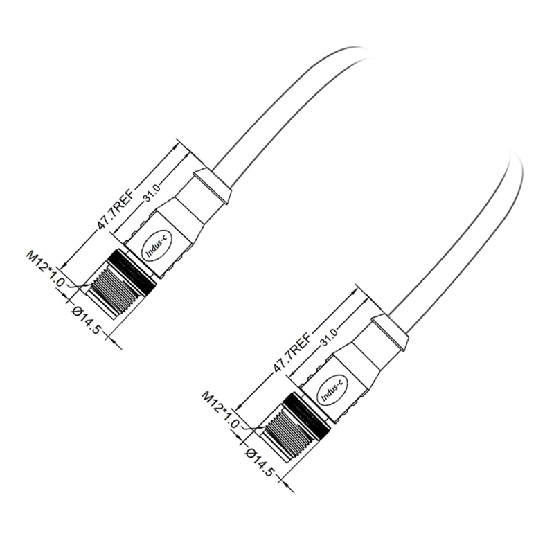 M12 8pins X code male to male straight molded cable,shielded,PVC,-40°C~+105°C,CAT6 26AWG*4P,brass with nickel plated screw