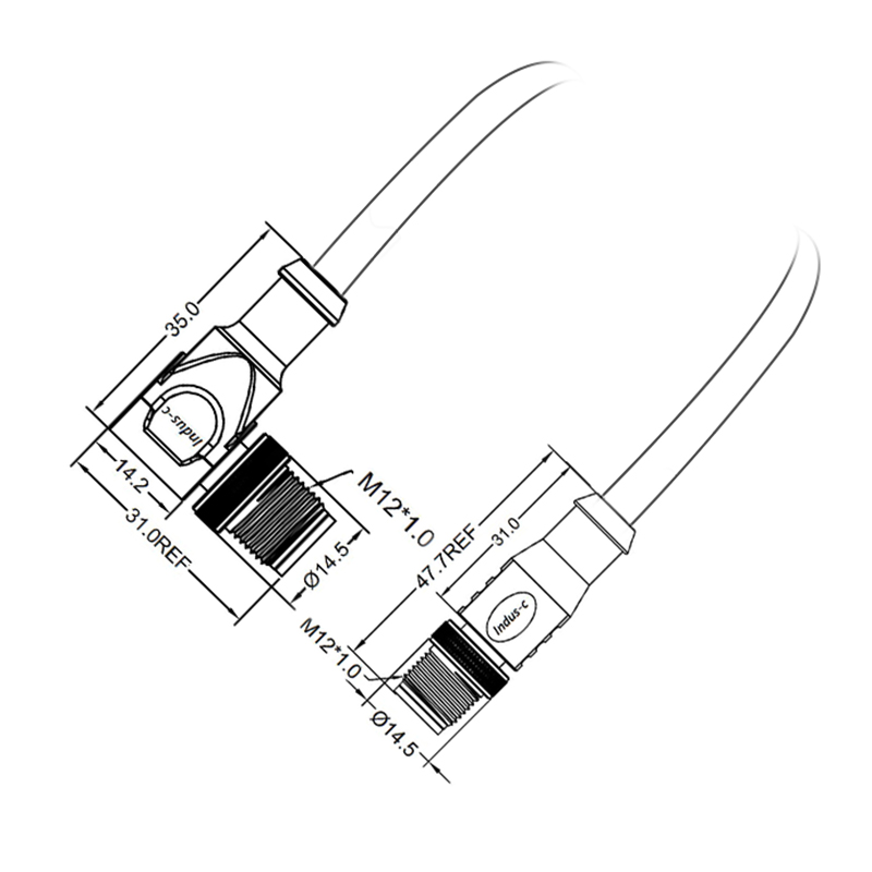 M12 8pins X code male straight to male right angle molded cable,shielded,PVC,-40°C~+105°C,CAT6 26AWG*4P,brass with nickel plated screw