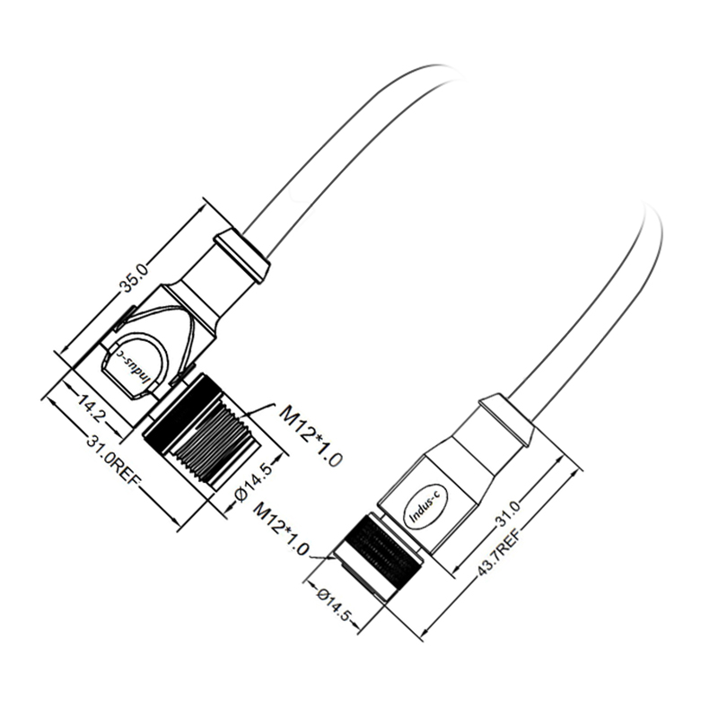 M12 8pins X code male right angle to female straight molded cable,shielded,PUR,-40°C~+105°C,CAT6 26AWG*4P,brass with nickel plated screw