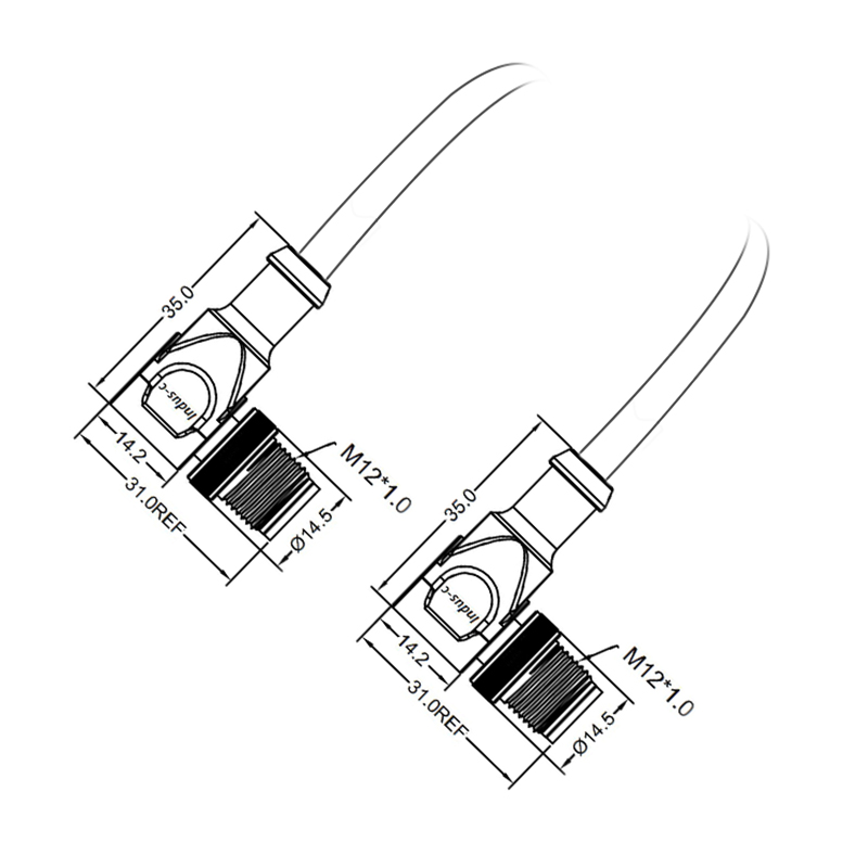 M12 8pins X code male to male right angle molded cable,shielded,PVC,-40°C~+105°C,CAT6 26AWG*4P,brass with nickel plated screw
