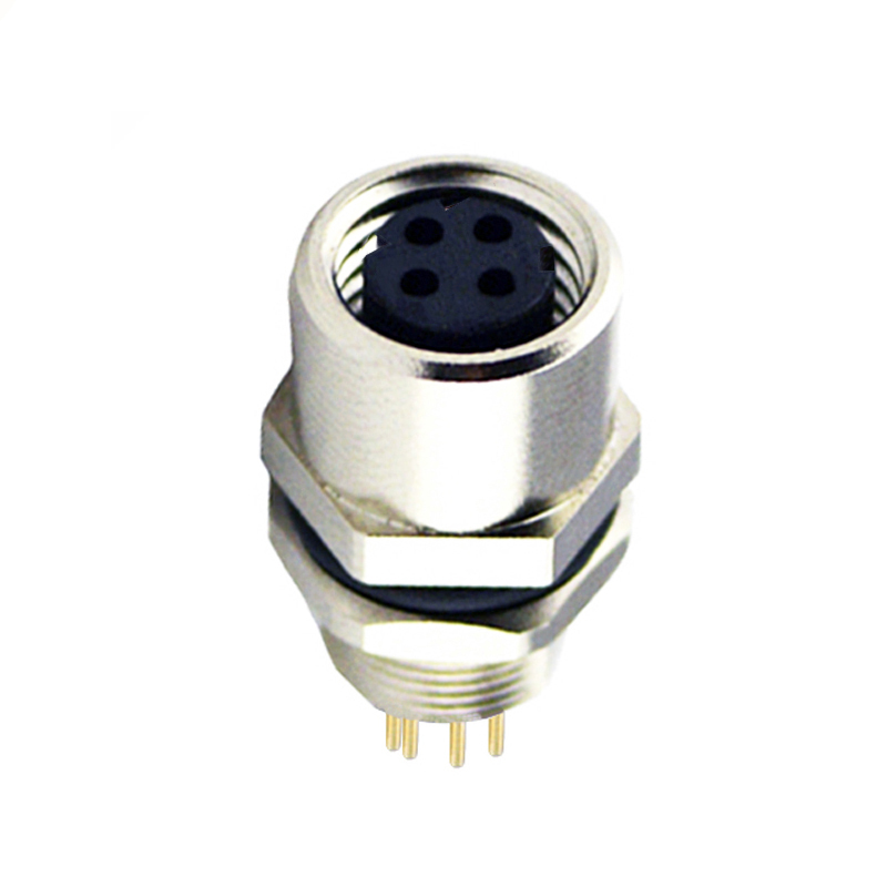 M8 4pins D female straight rear panel mount connector,unshielded,insert,brass with nickel plated shell