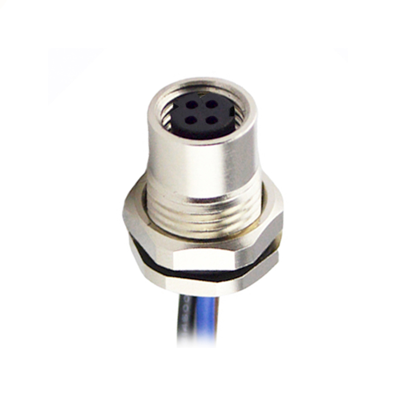 M8 4pins D female straight front panel mount connector,unshielded,single wires,brass with nickel plated shell