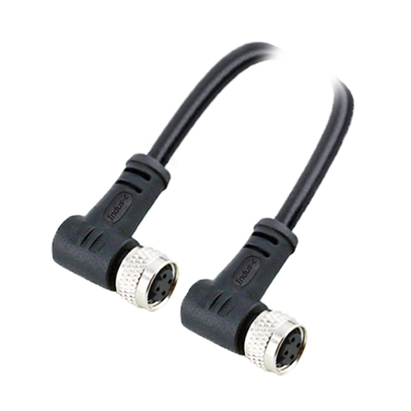 M8 4pins D code female to female right angle molded cable,unshielded,PUR,-40°C~+105°C,24AWG 0.25mm²,brass with nickel plated screw