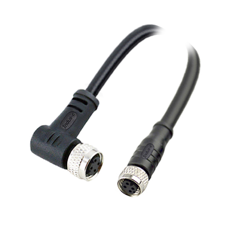 M8 4pins D code female straight to female right angle molded cable,unshielded,PVC,-40°C~+105°C,24AWG 0.25mm²,brass with nickel plated screw