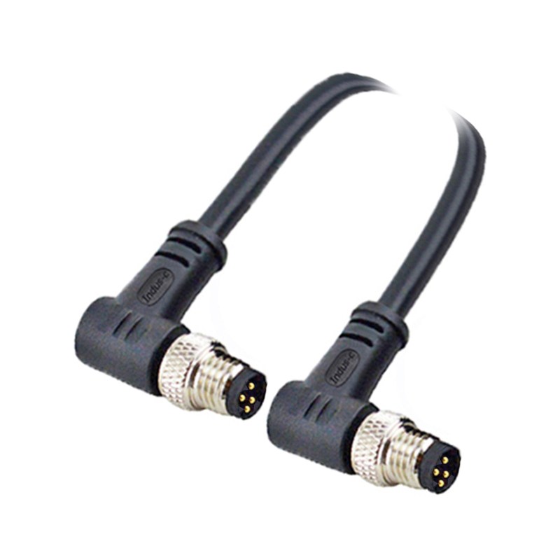 M8 4pins D code male to male right angle molded cable,shielded,PUR,-40°C~+105°C,24AWG 0.25mm²,brass with nickel plated screw