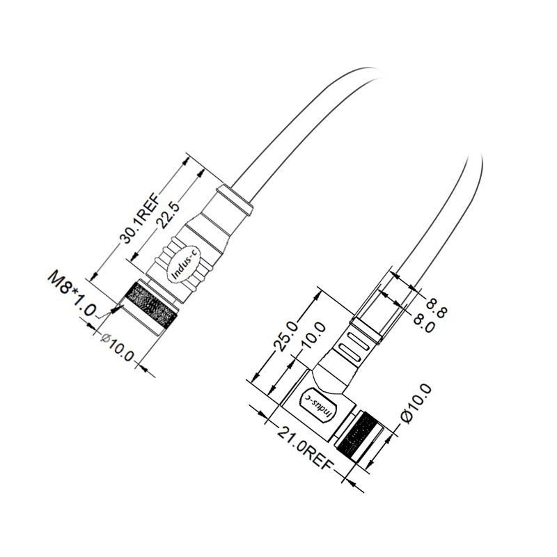 M8 4pins D code female straight to female right angle molded cable,unshielded,PVC,-40°C~+105°C,24AWG 0.25mm²,brass with nickel plated screw