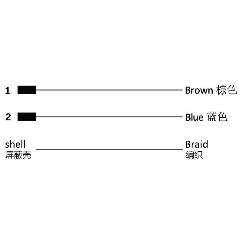 M12 2pins C code female straight molded cable,shielded,PUR,-40°C~+105°C,22AWG 0.34mm²,brass with nickel plated screw