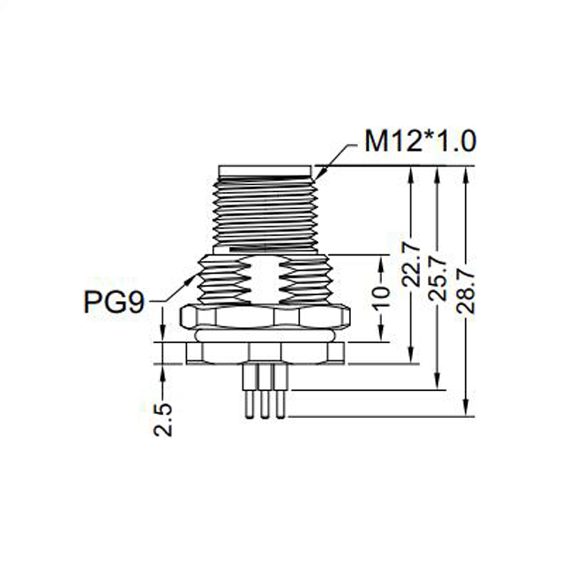 M12 4pins C code male straight front panel mount connector PG9 thread,unshielded,insert,brass with nickel plated shell