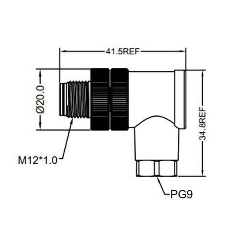 M12 4pins C code male right angle plastic assembly connector PG9 thread,unshielded,suitable cable outer diameter 6.0mm-8.0mm