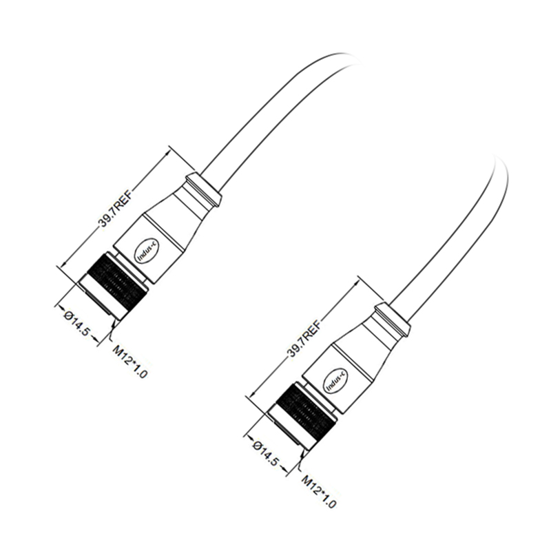 M12 4pins C code female to female straight molded cable,shielded,PVC,-40°C~+105°C,22AWG 0.34mm²,brass with nickel plated screw