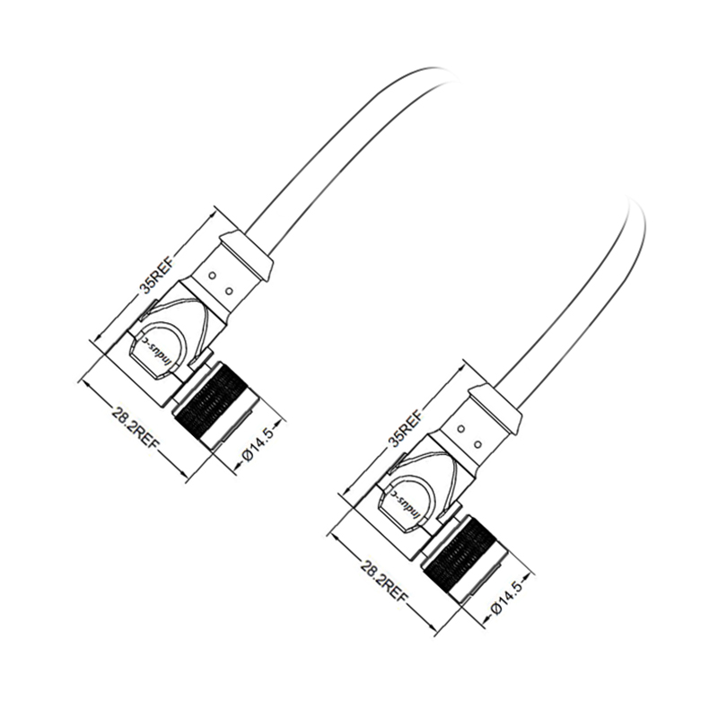 M12 3pins C code female to female right angle molded cable,shielded,PUR,-40°C~+105°C,22AWG 0.34mm²,brass with nickel plated screw