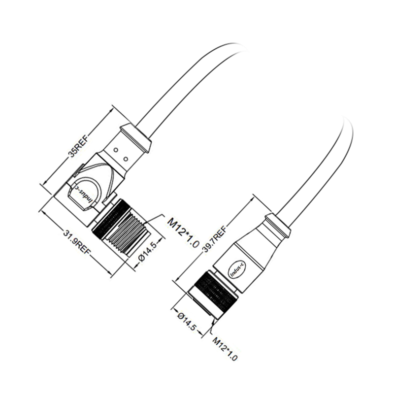 M12 3pins C code male right angle to female straight molded cable,shielded,PUR,-40°C~+105°C,22AWG 0.34mm²,brass with nickel plated screw