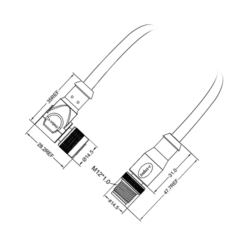 M12 2pins C code male straight to female right angle molded cable,shielded,PUR,-40°C~+105°C,22AWG 0.34mm²,brass with nickel plated screw