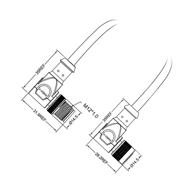 M12 6pins C code male to female right angle molded cable,unshielded,PVC,-40°C~+105°C,22AWG 0.34mm²,brass with nickel plated screw