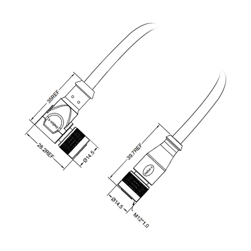 M12 4pins C code female straight to female right angle molded cable,unshielded,PUR,-40°C~+105°C,22AWG 0.34mm²,brass with nickel plated screw