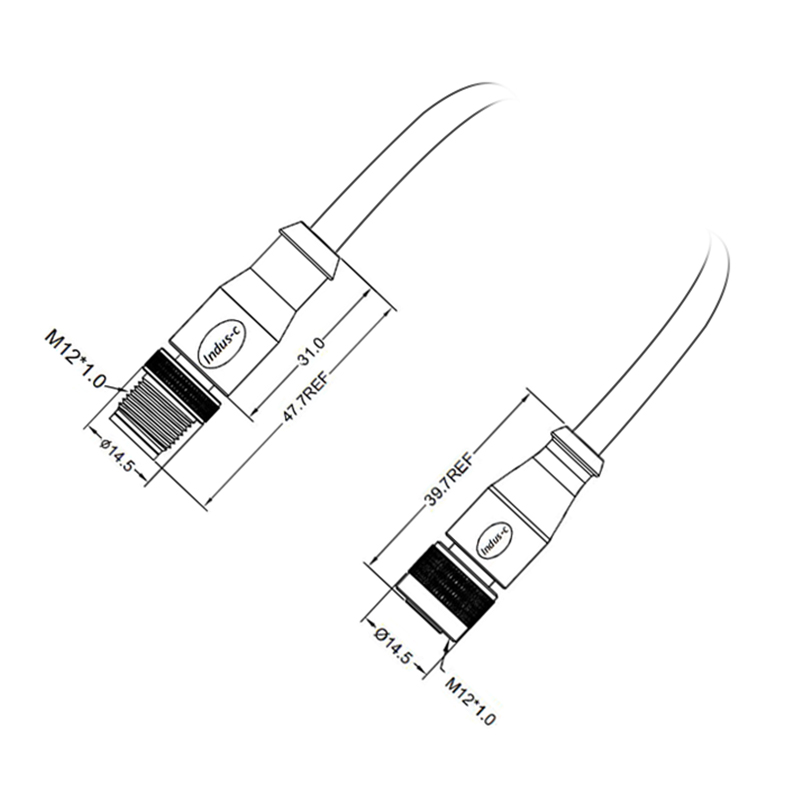 M12 4pins C code male to female straight molded cable,unshielded,PVC,-40°C~+105°C,22AWG 0.34mm²,brass with nickel plated screw