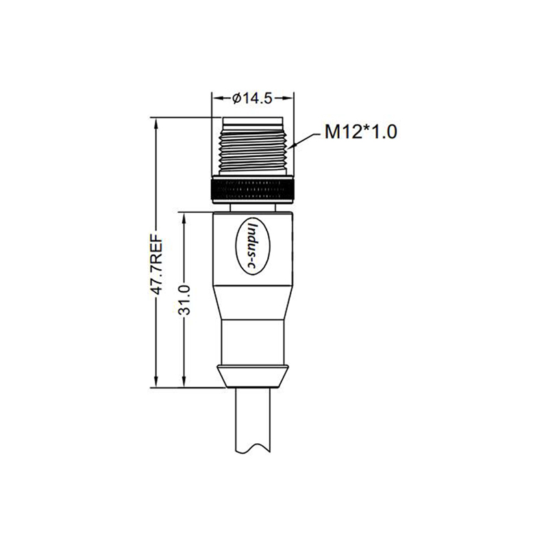 M12 4pins C code male straight molded cable,unshielded,PUR,-40°C~+105°C,22AWG 0.34mm²,brass with nickel plated screw