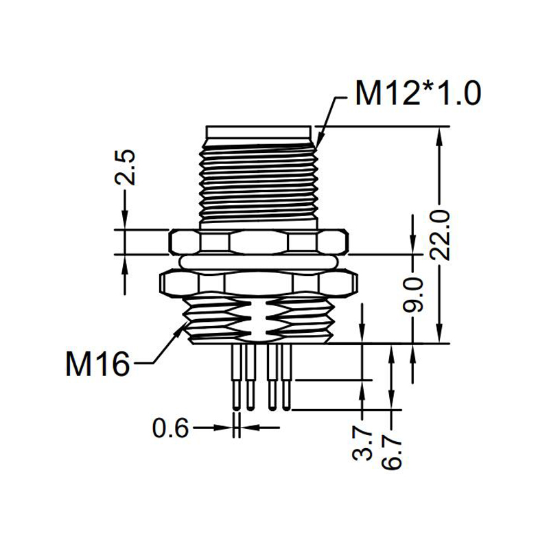 M12 8pins Y code male straight rear panel mount connector M16 thread,shielded,insert,brass with nickel plated shell