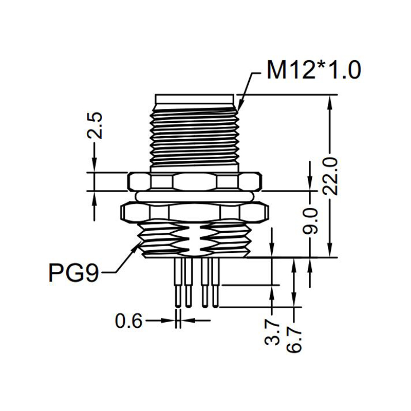 M12 8pins Y code male straight rear panel mount connector PG9 thread,shielded,insert,brass with nickel plated shell