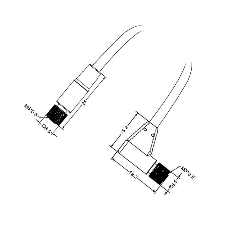 M5 4pins A code female straight to female right angle molded cable,unshielded,PVC,-40°C~+105°C,26AWG 0.14mm²,brass with nickel plated screw