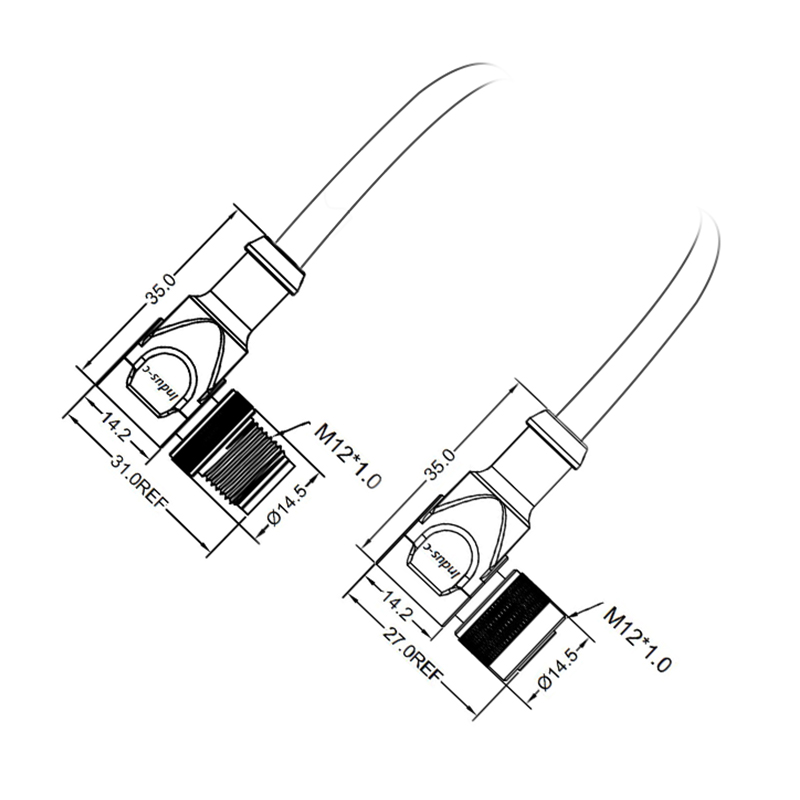 M12 8pins Y code male to female right angle molded cable,shielded,PUR,-40°C~+105°C,[26AWG*2P(CAT5)+aluminum foil+braid]+20AWG*4C+aluminum foil+braid,brass copper