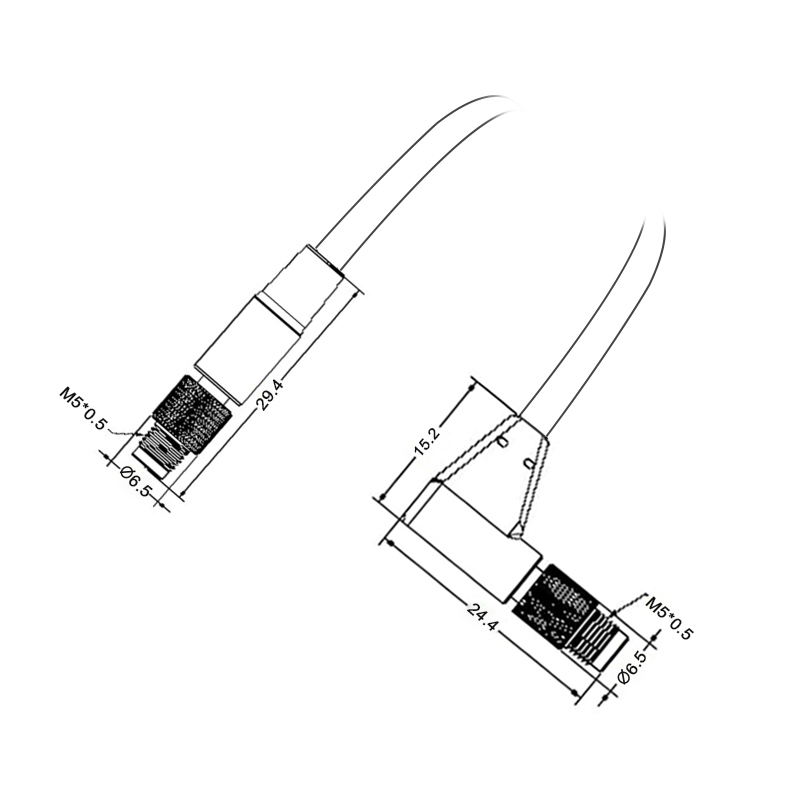 M5 3pins A code male straight to male right angle molded cable,shielded,PUR,-40°C~+105°C,26AWG 0.14mm²,brass with nickel plated screw