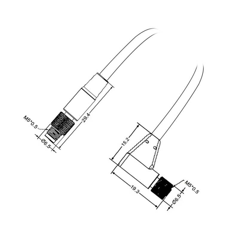 M5 4pins A code male straight to female right angle cable,shielded,PVC,-40°C~+105°C,26AWG 0.14mm²,brass with nickel plated screw