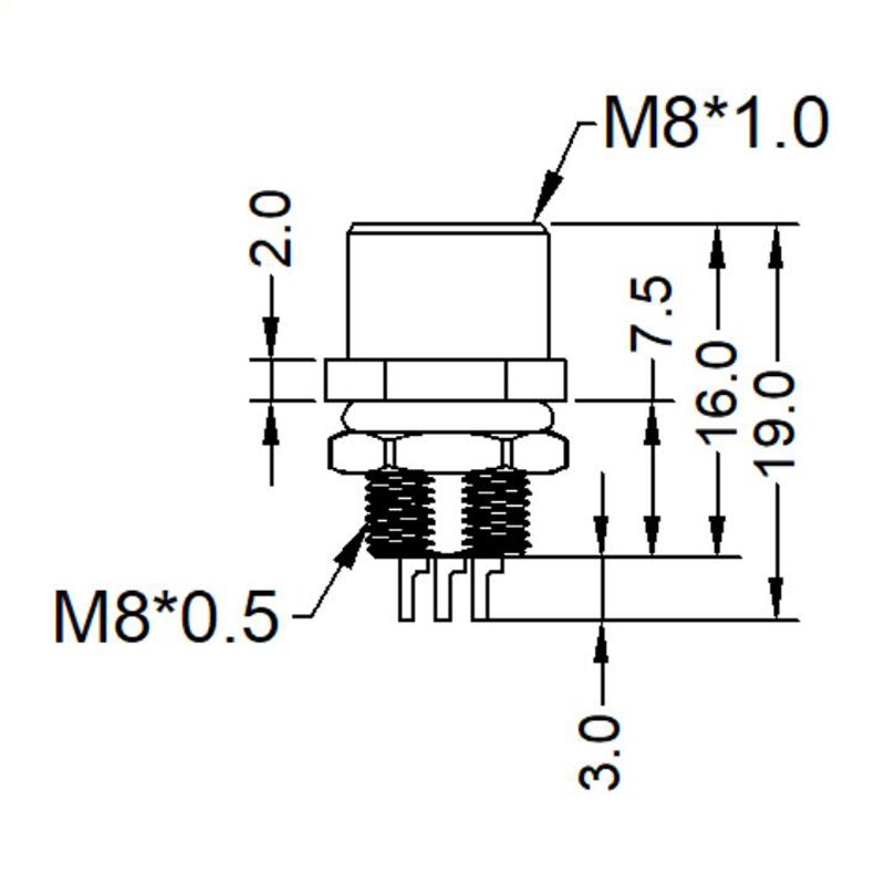 M8 6pins A code female straight rear panel mount connector,unshielded,solder,brass with nickel plated shell