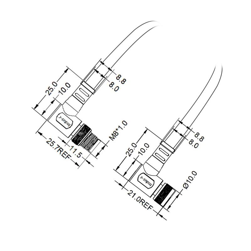 M8 8pins A code male to female right angle molded cable,unshielded,PUR,-40°C~+105°C,26AWG 0.14mm²,brass with nickel plated screw