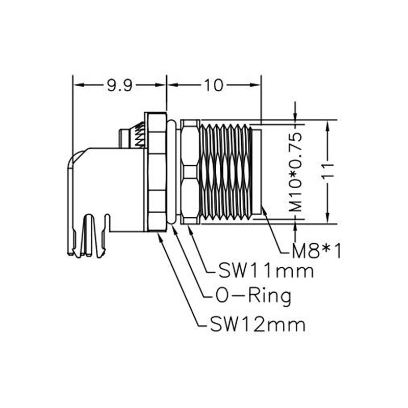 M8 5pins B code female right angle front panel mount connector,unshielded,insert,brass with nickel plated shell