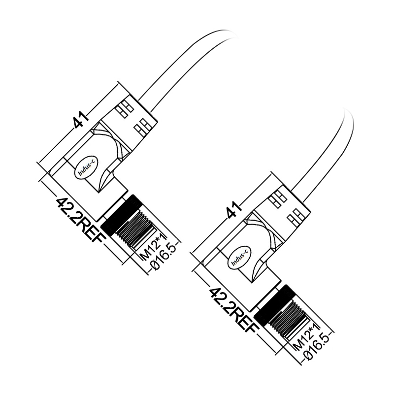 M12 5pins K code male to male right angle molded cable,unshielded,PUR,-40°C~+105°C,22AWG 0.34mm²,brass with nickel plated screw