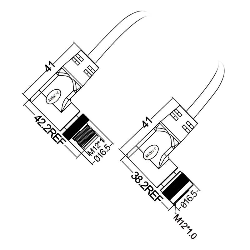 M12 5pins K code male to female right angle molded cable,unshielded,PVC,-40°C~+105°C,22AWG 0.34mm²,brass with nickel plated screw