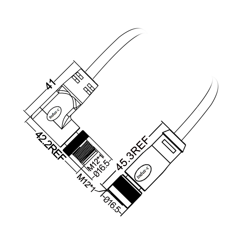 M12 5pins K code male right angle to female straight molded cable,unshielded,PUR,-40°C~+105°C,22AWG 0.34mm²,brass with nickel plated screw