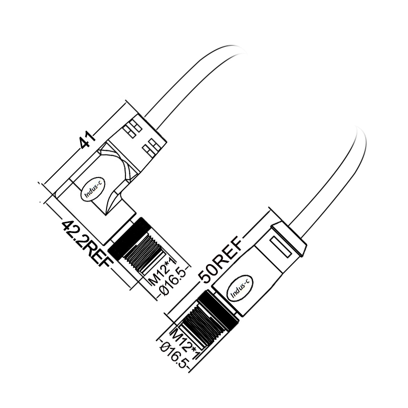 M12 5pins K code male straight to male right angle molded cable,unshielded,PUR,-40°C~+105°C,22AWG 0.34mm²,brass with nickel plated screw