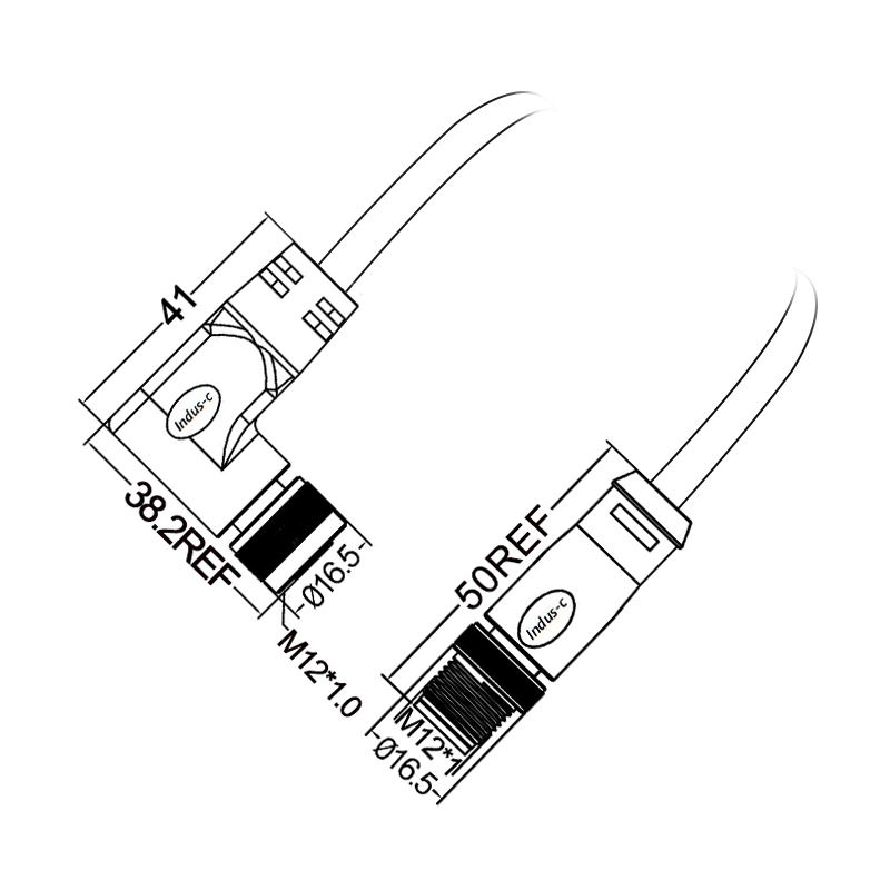 M12 5pins K code male straight to female right angle molded cable,unshielded,PUR,-40°C~+105°C,22AWG 0.34mm²,brass with nickel plated screw