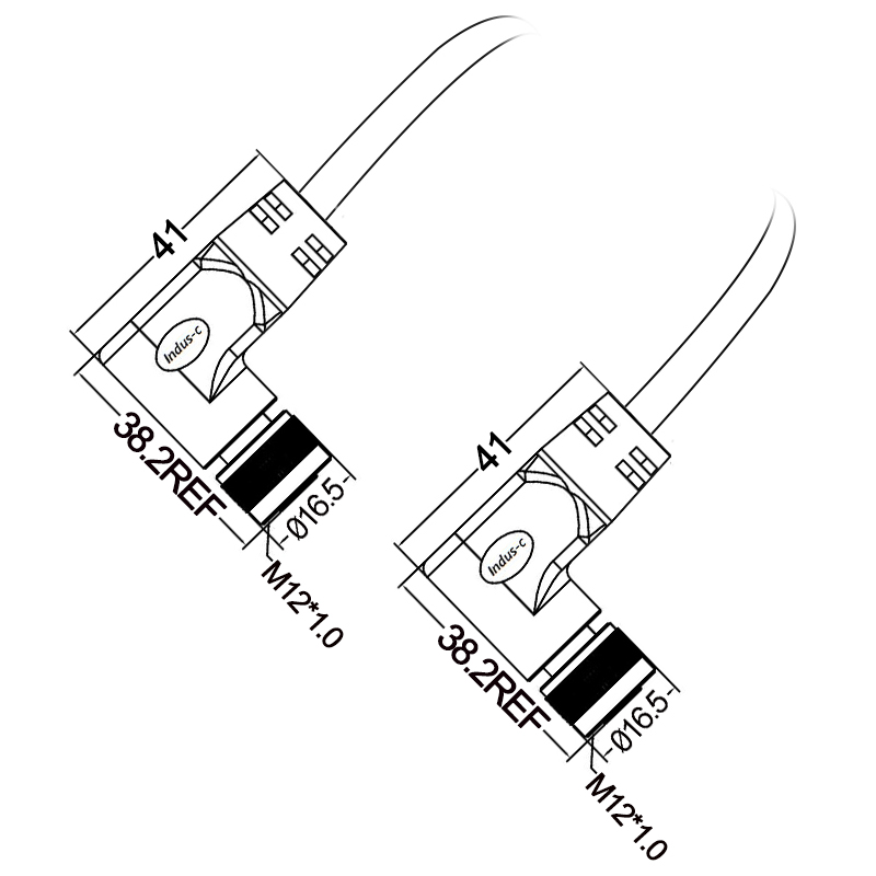 M12 5pins K code female to female right angle molded cable,unshielded,PUR,-40°C~+105°C,22AWG 0.34mm²,brass with nickel plated screw