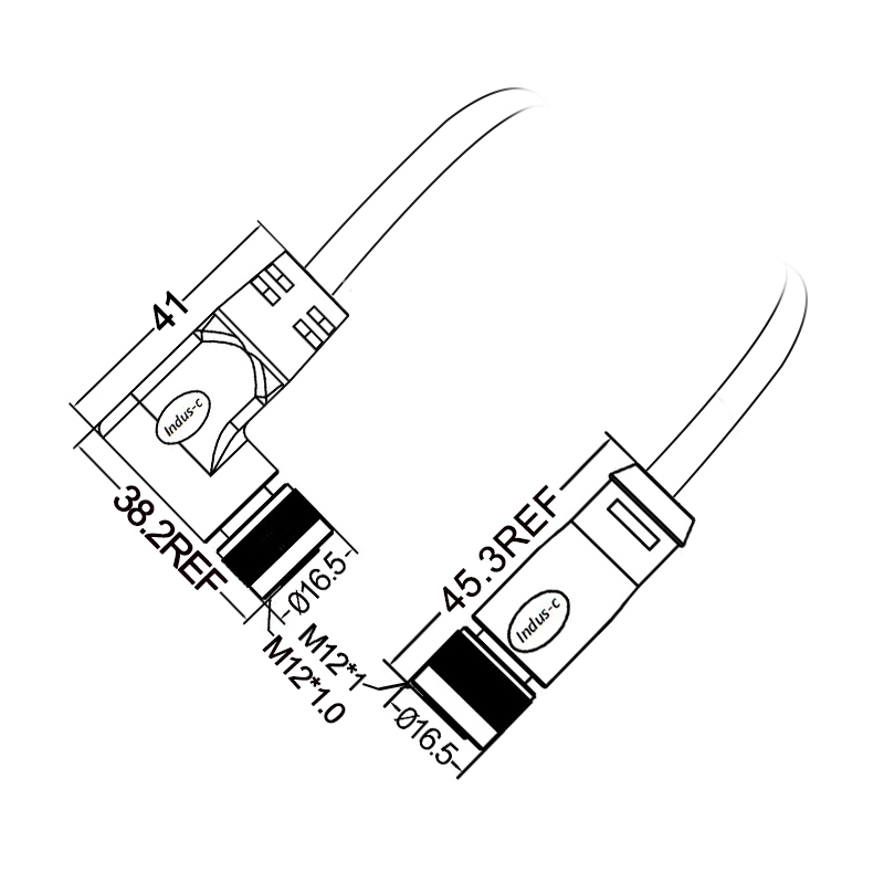 M12 5pins K code female straight to female right angle molded cable,unshielded,PVC,-40°C~+105°C,22AWG 0.34mm²,brass with nickel plated screw